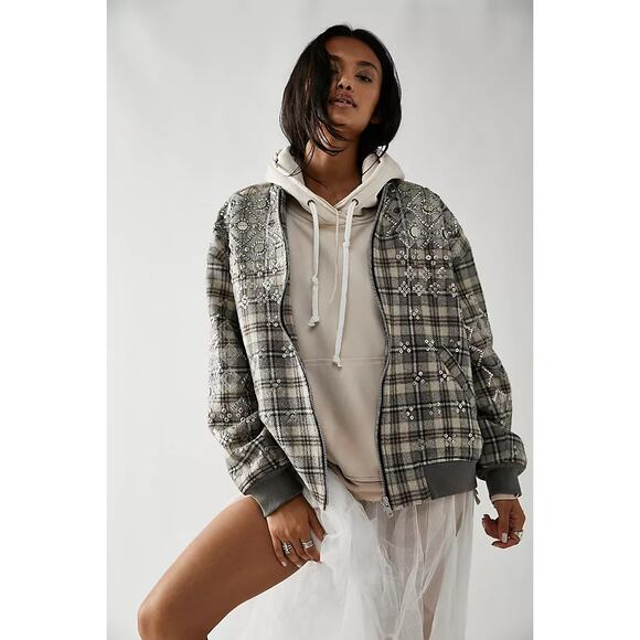 Free People Louie Wool Blend Embellished Bomber Jacket - Picture 1 of 10